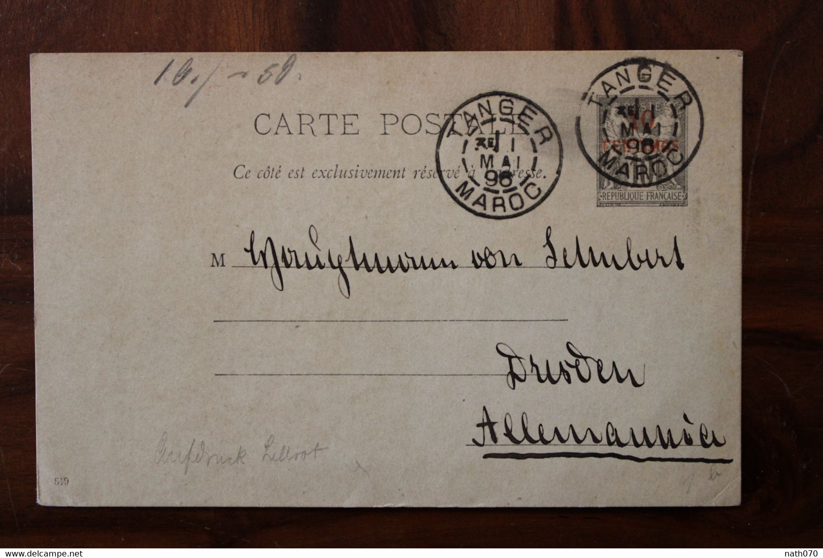 Maroc 1896 Entier CPA FRANCE Surcharge 10 Centimes Cover Colonie Allemagne Dreden Reich Germany - Covers & Documents