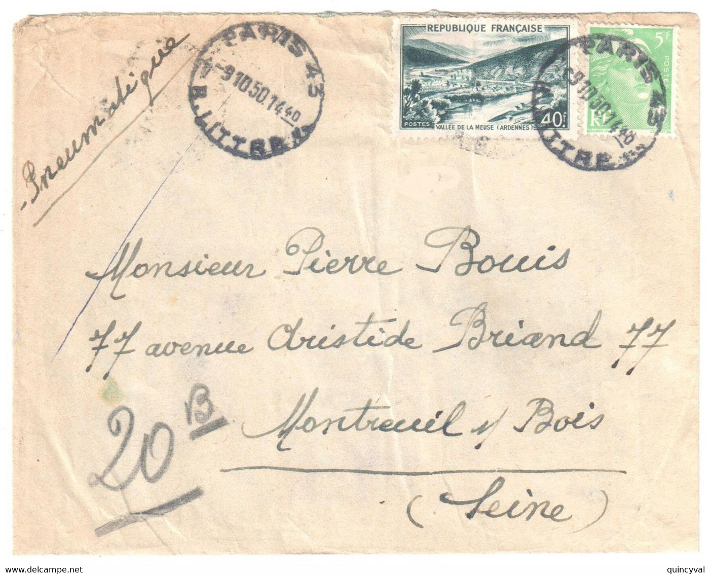 PARIS 43 R Littre Lettre Pneumatique Dest Montreuil 40 F Vallée Meuse 5 F Gandon Vert Yv 809 842A Ob 9 10 1950 - Cartas & Documentos