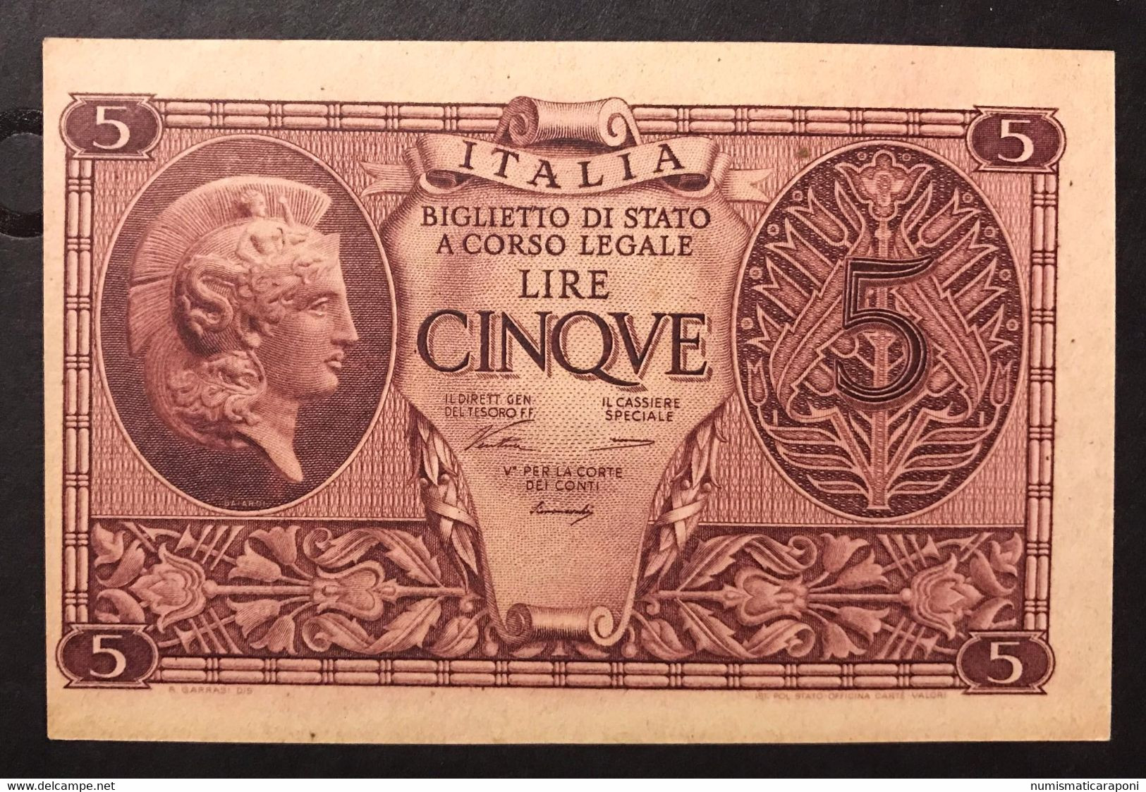 5 LIRE LUOGOTENENZA ATENA ELMATA 1944 Ventura Q.FDS LOTTO 3431 - Italia – 5 Lire