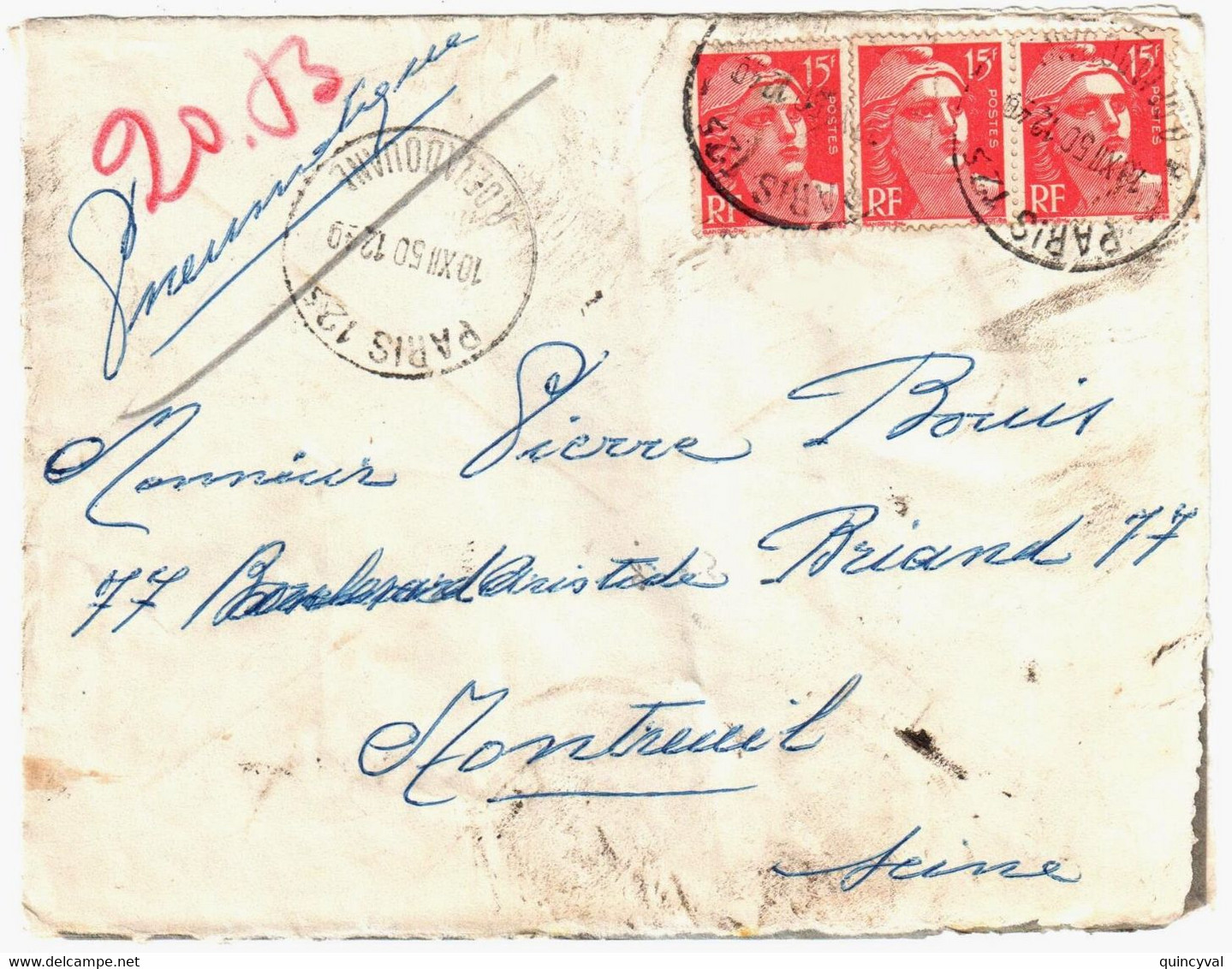 PARIS 125 R De La Douane Lettre Pneumatique Dest Montreuil 1 F Gandon Rouge Yv 813 Ob 10 12 1950 - Lettres & Documents