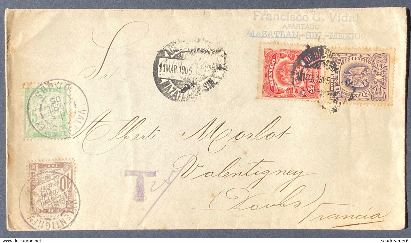 Lettre Du Mexique 1905 N°190 & 192 De Mazatlan Pour La France à Valentigney Taxée En Arrivée Taxe N°29 & 30 TTB - México