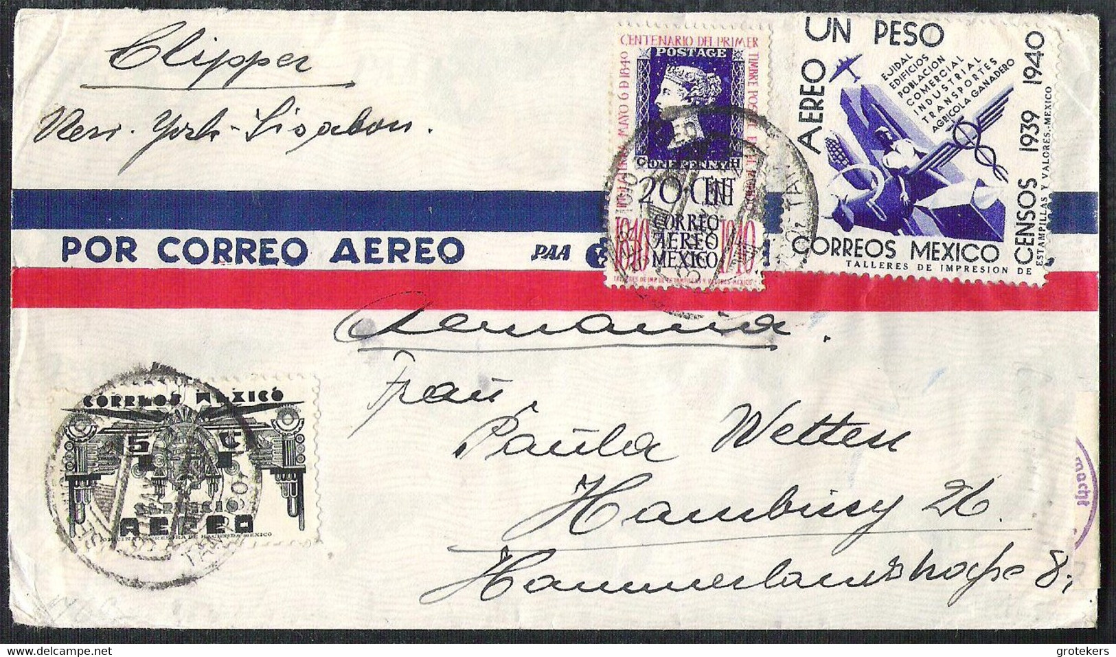 MEXICO 1941 Armailletter To Germany Through Clipper New York-Lissabon Censored (German) With Yvert A 60-95-98 - Mexico