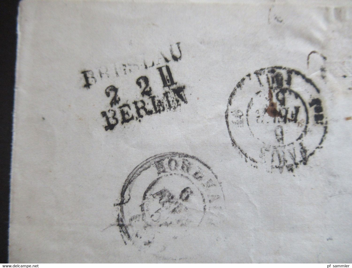 AD2.2.1853 Preussen Niederschlesien Ra2 Liegnitz Auslandsbrief nach Bordeaux rücks. 5 Stempel davon 3x Bahnpost Stp.