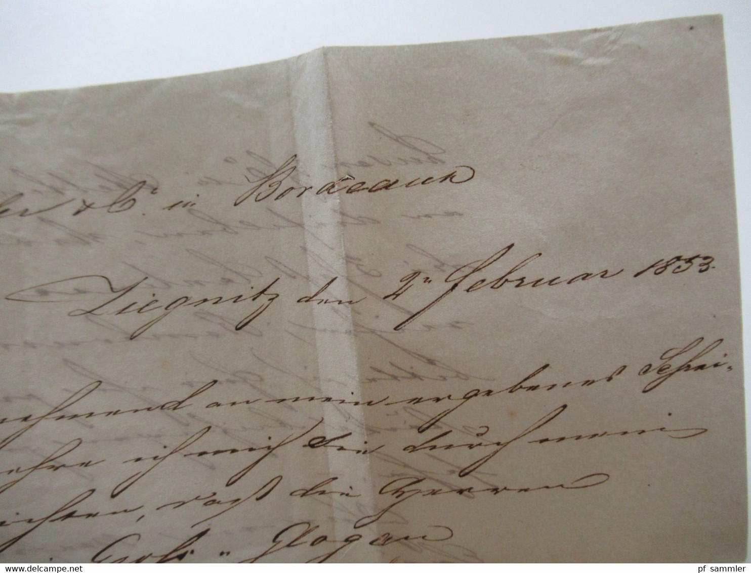 AD2.2.1853 Preussen Niederschlesien Ra2 Liegnitz Auslandsbrief nach Bordeaux rücks. 5 Stempel davon 3x Bahnpost Stp.