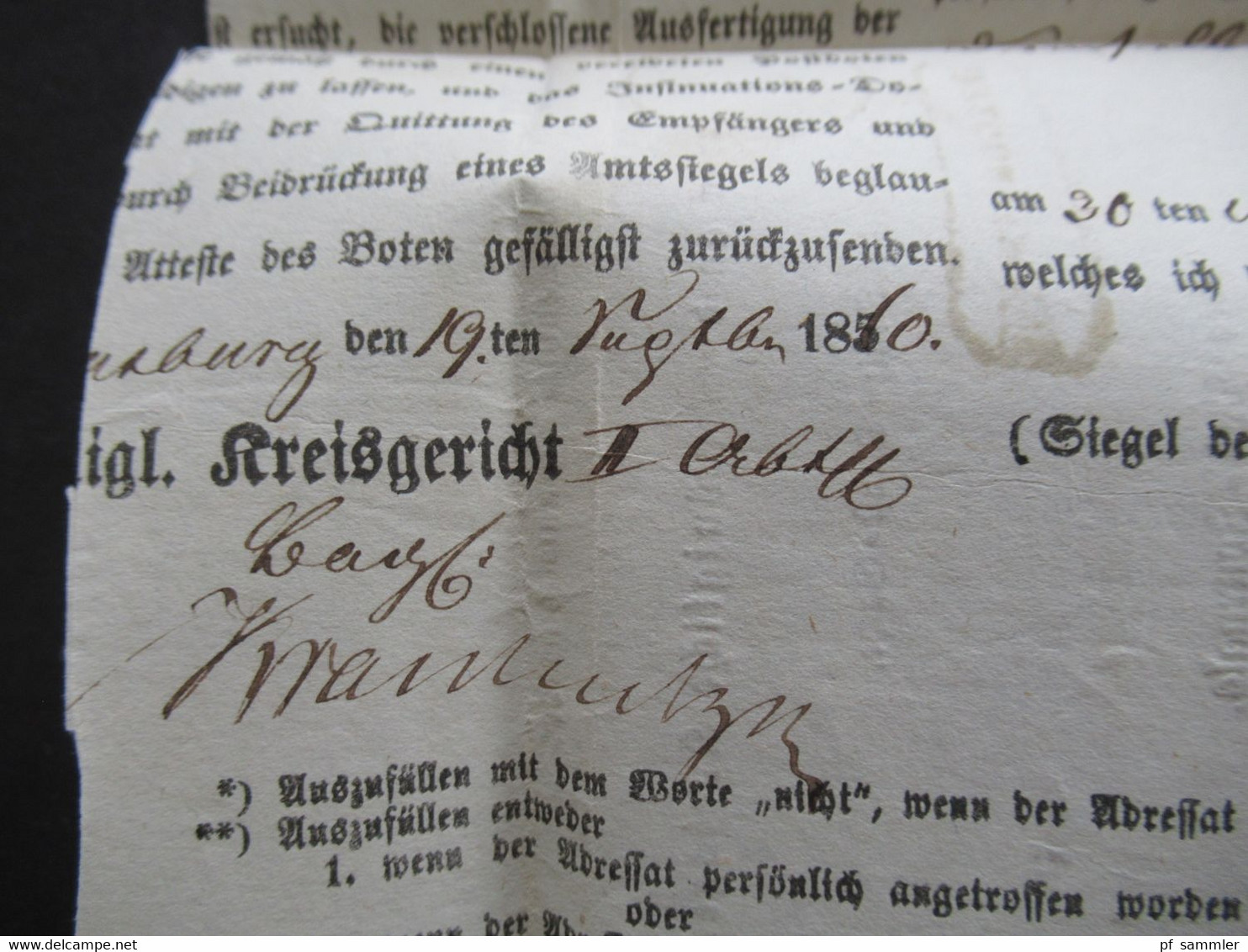 AD 30.11.1860 Preussen Pommern Ra2 Dirschau Justiz Dienst Sache / Documentum Insinuationis einige Stempel!!