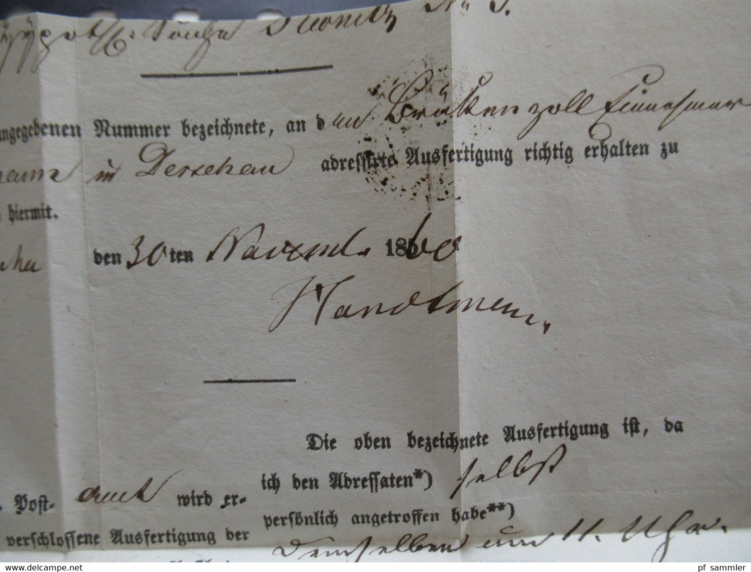 AD 30.11.1860 Preussen Pommern Ra2 Dirschau Justiz Dienst Sache / Documentum Insinuationis einige Stempel!!
