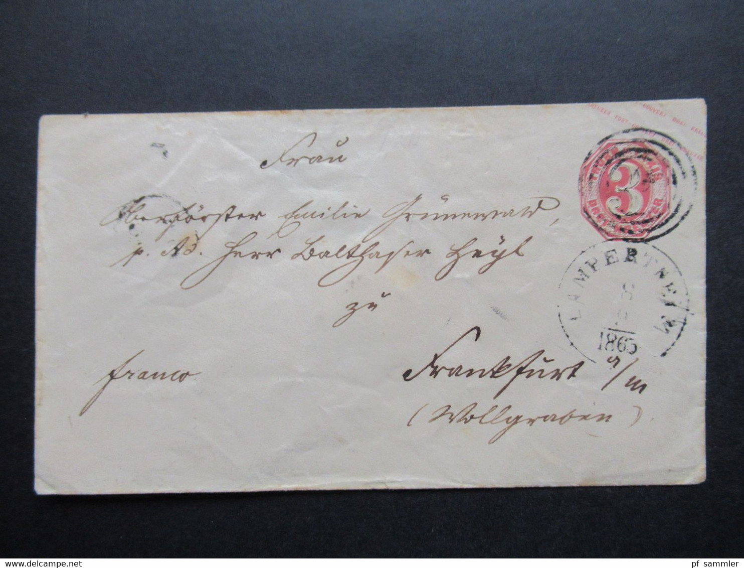 AD Thurn Und Taxis GA Umschlag Nummernstempel Und K1 Lampertheim 8.9.1865 Nach Frankfurt Am Main Franco - Lettres & Documents