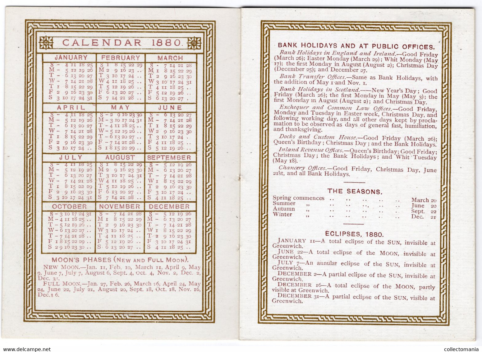 1 Carnet Booklet Calendar 1880 The Seasons Imp. Marcus Ward & C° London - Small : ...-1900