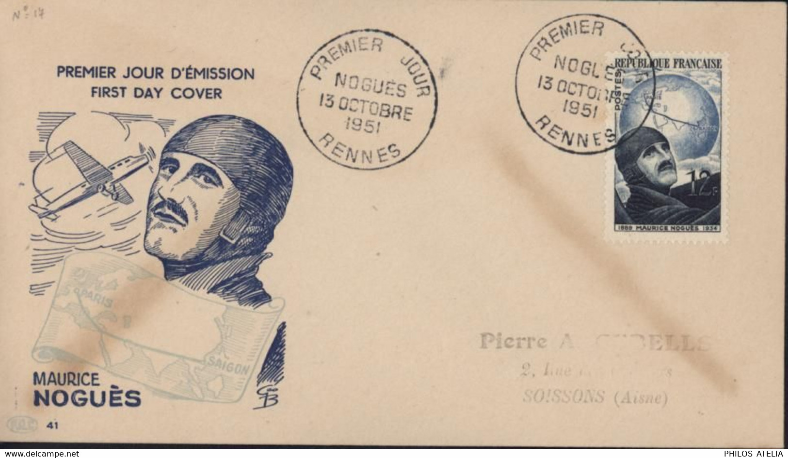 FDC First Day Cover Premier Jour D'émission Maurice Noguès CAD Rennes 13 10 1951 YT 907 Cote 65 Euros - 1950-1959