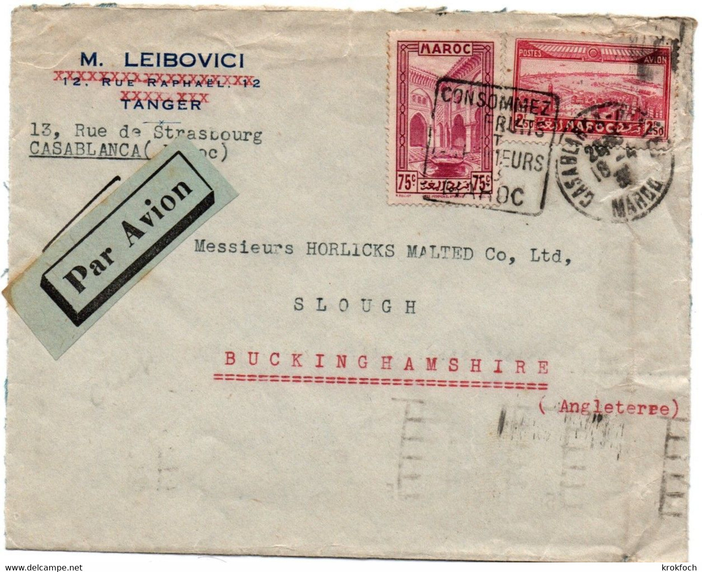 Casablanca Postes 1935 - Flamme Daguin Fruits & Primeurs Du Maroc - Lettre Leibovici - Briefe U. Dokumente