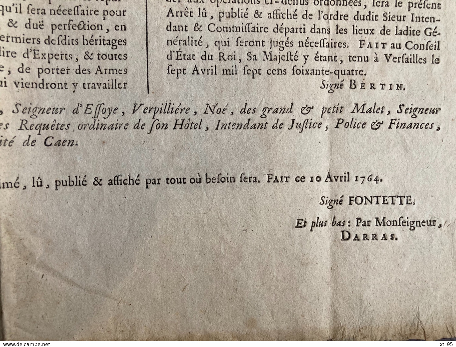 Arrest Du Conseil D Etat Du Roi - 7 Avril 1764 - Normandie - Caen Avranches Coutances - Fontette - Affiches