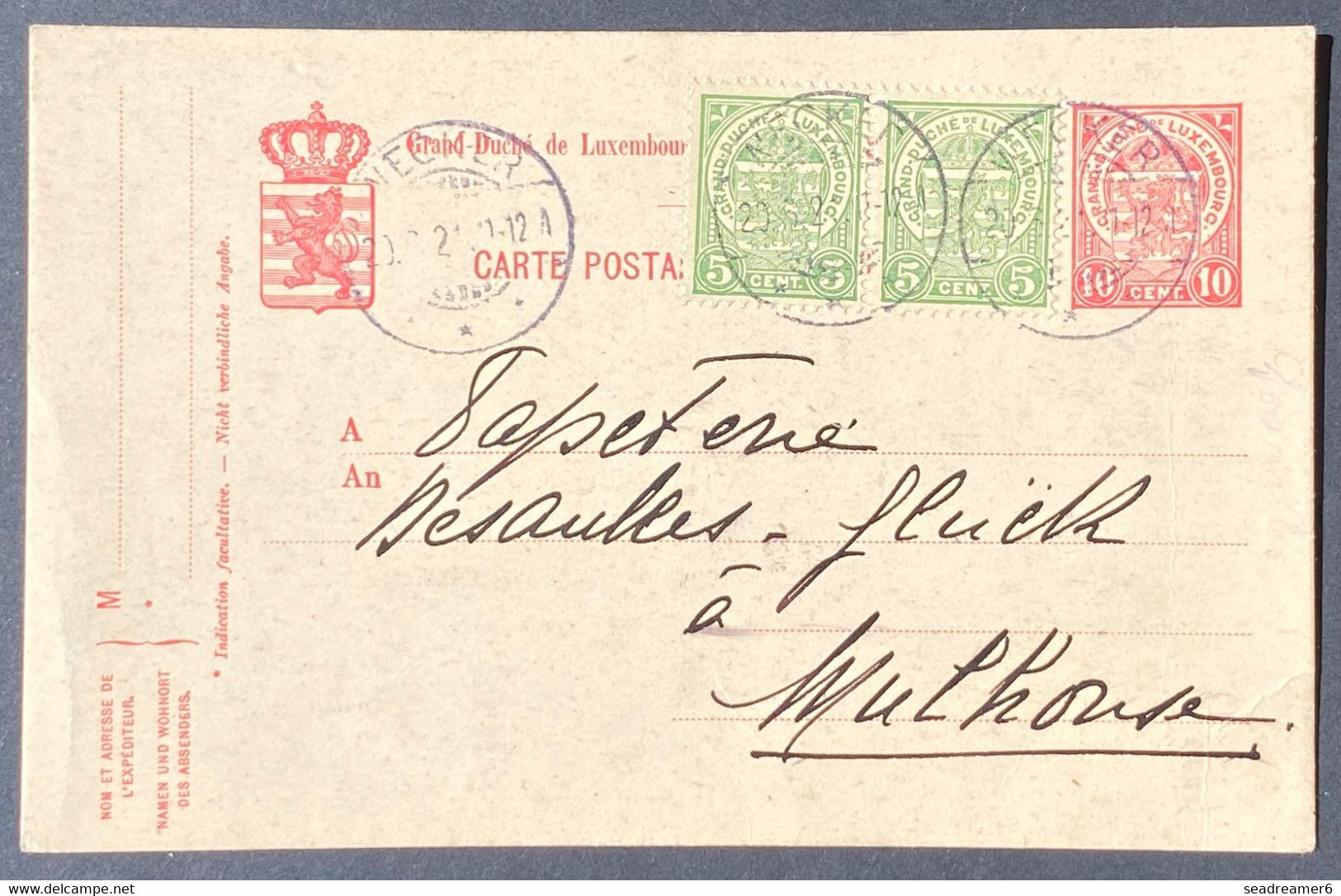 Luxembourg Entier Carte 10c Rouge + Complément Paire Du N°92 5c Vert De Wecker (-de 150 âmes En 1921) Pour Mulhouse - Entiers Postaux