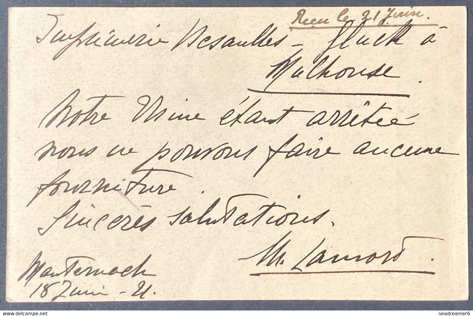 Luxembourg Entier Carte 10c Rouge + Complément Paire Du N°92 5c Vert De Wecker (-de 150 âmes En 1921) Pour Mulhouse - Stamped Stationery