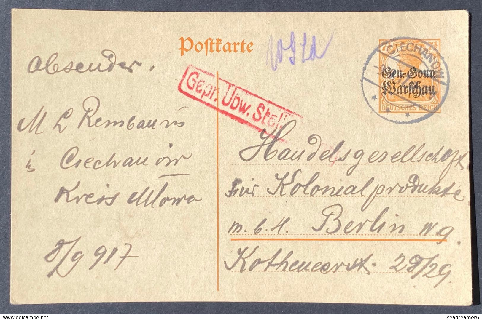 Pologne Occupation Allemande Entier Carte 7 1/2 Pf Orange Obl En Bleu De Ciechanow Pour Berlin + Censure  TTB - Storia Postale