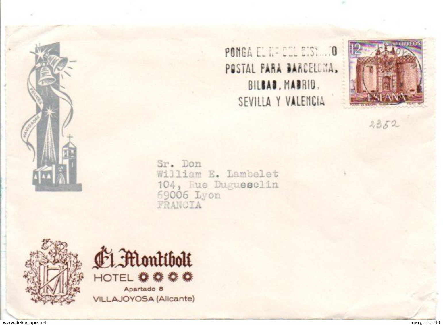 ESPAGNE SEUL SUR LETTRE A EN TETE D'HOTEL DE VILLAJOYOSA  POUR LA FRANCE 1974 - Unused Stamps