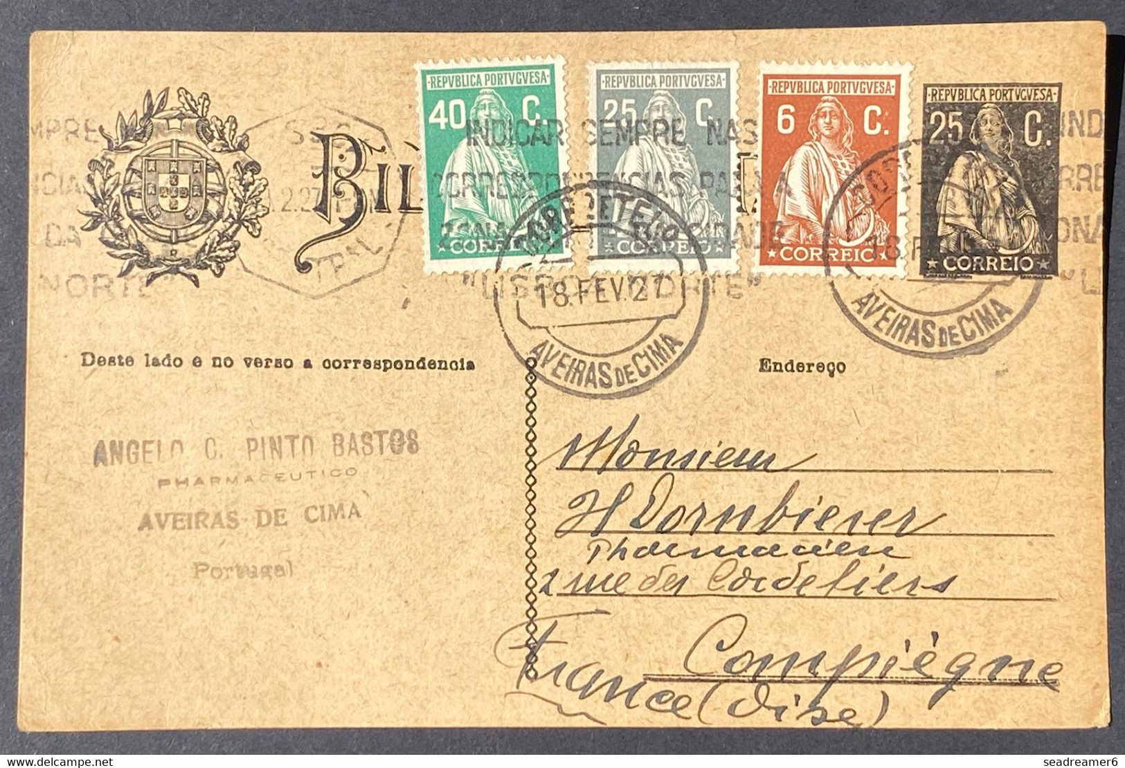 PORTUGAL 1921 Entier Postal 25c Noir + Compléments N° 275, 375 & 376 Oblitérés D'Aveiras De Cima Pour Compiègne TTB - Ganzsachen