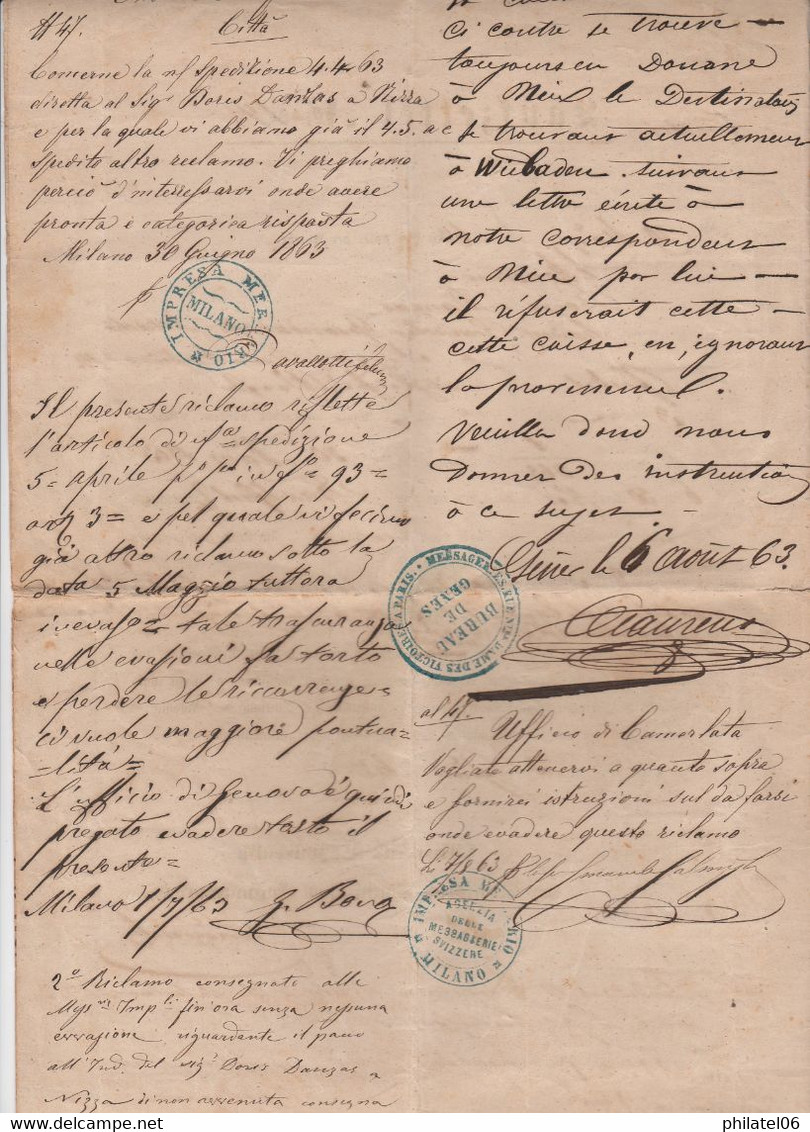 DOCUMENT 1863 ALLEMAND-ITALIEN-FRANCAIS  1863  TITRE DE TRANSPORT EN DOUANE  PEU COURANT - Other & Unclassified