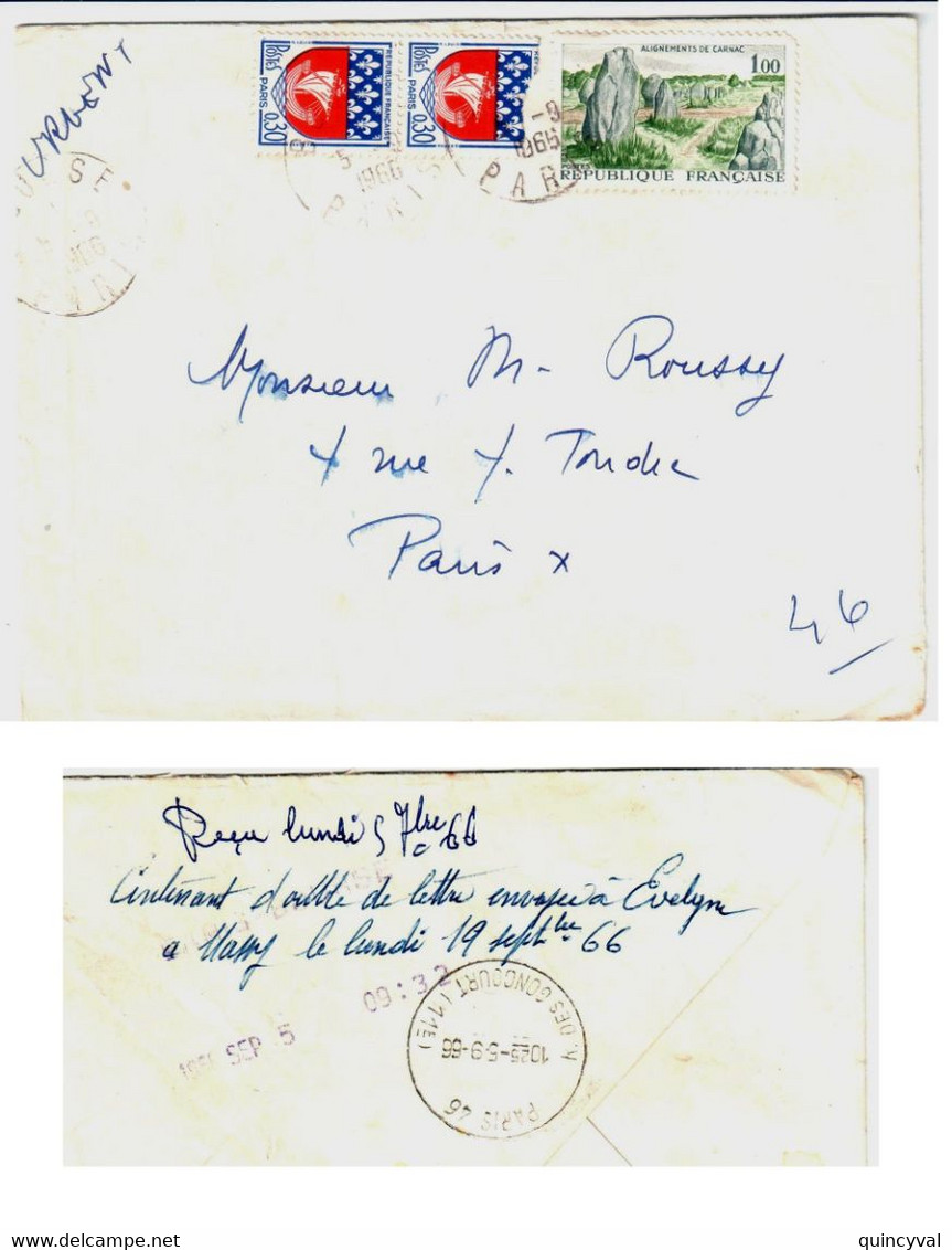 PARIS BOURSE Lettre Pneumatique Dest Paris 46 1F Carnac 30c Blason Paris Ob 5 9 1966 Yv 1354B 1440 - Storia Postale