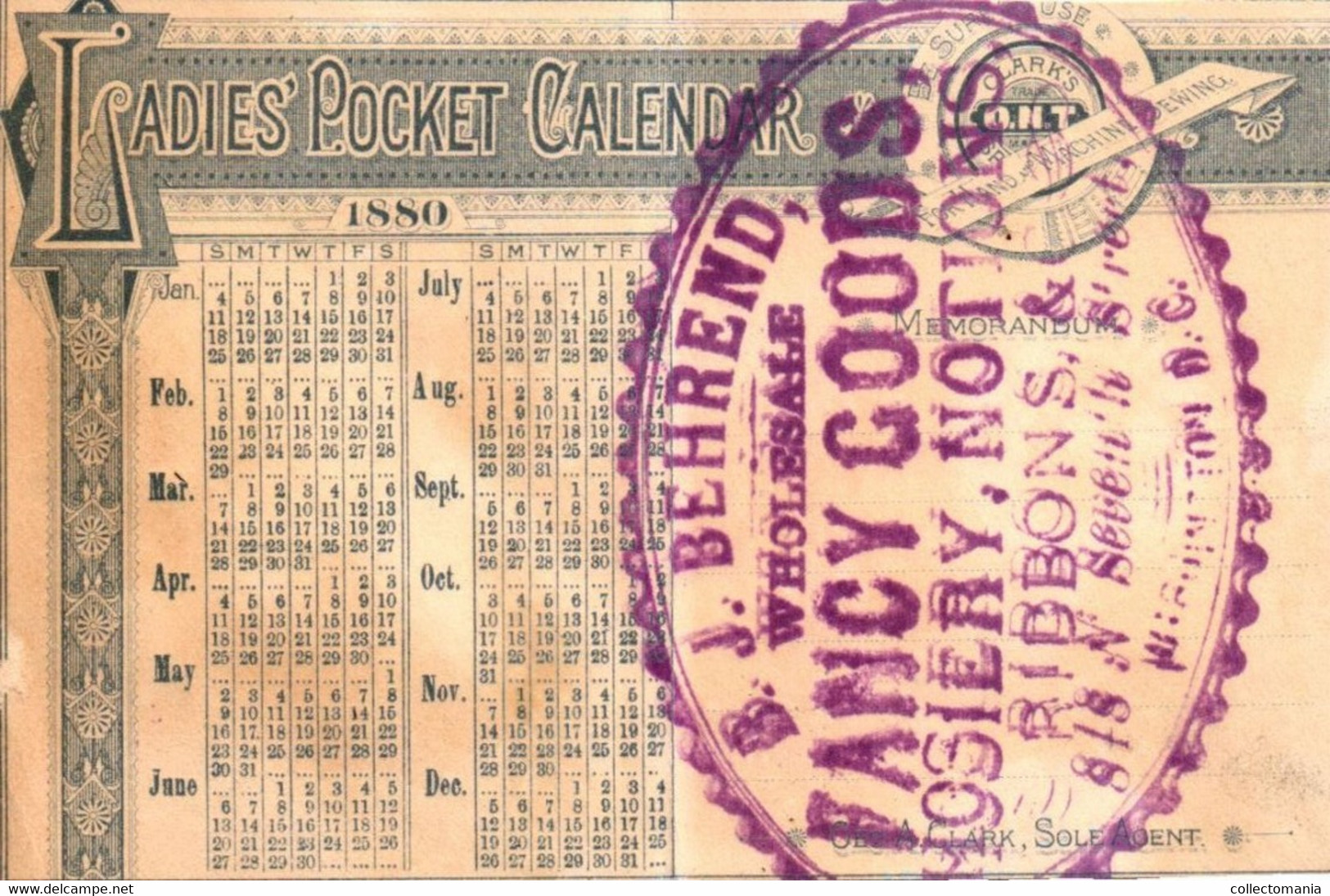 1 Calendrier 1880   George Clark Clark's Best Six Cord O.N.T. Spool Cotton Ladies Pocket Calendar - Kleinformat : ...-1900