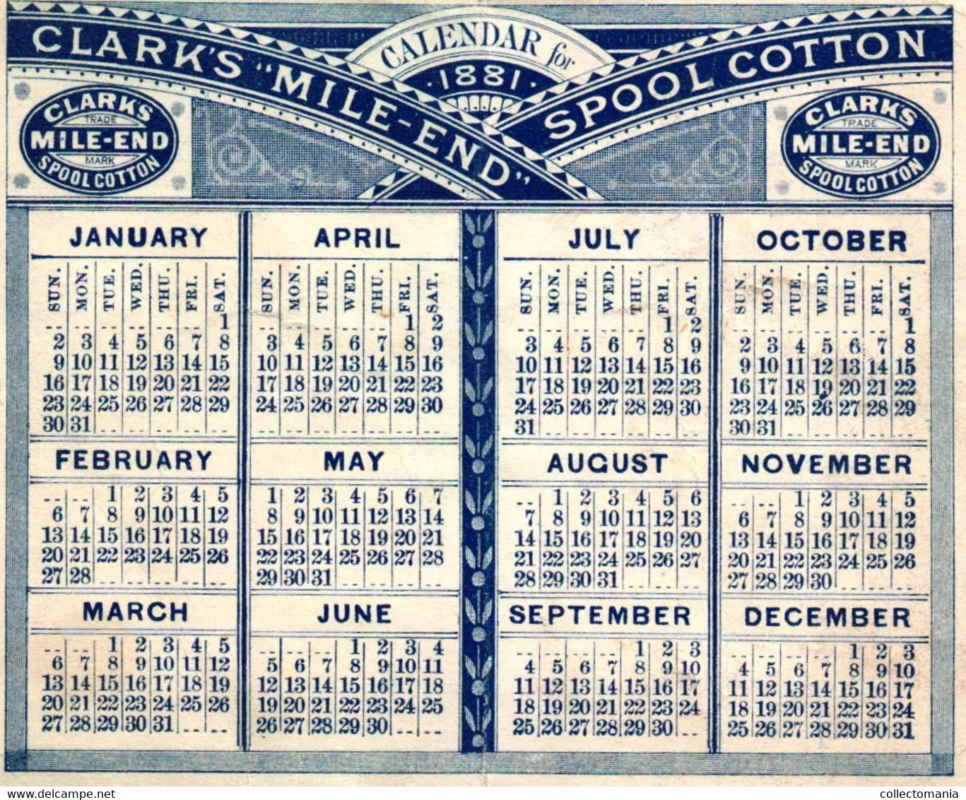1 Calendrier 1881  George Clark Clark's Best Six Cord O.N.T. Spool Cotton - Small : ...-1900