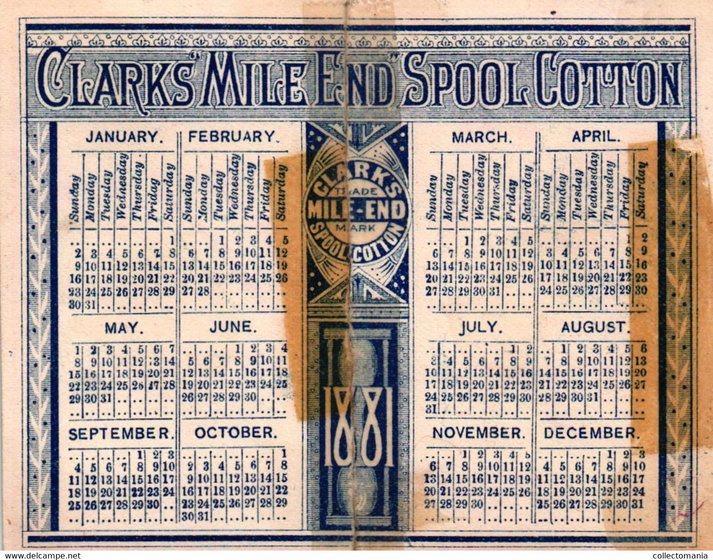 1 Calendrier 1881  George Clark Clark's Best Six Cord O.N.T. Spool Cotton Rooster Haan - Klein Formaat: ...-1900