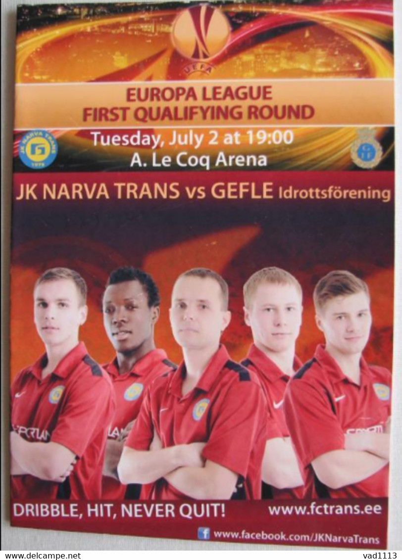 Football Program  UEFA Europa League 2013-14 JK Narva Trans Estonia - Gefle IF Sweden - Books