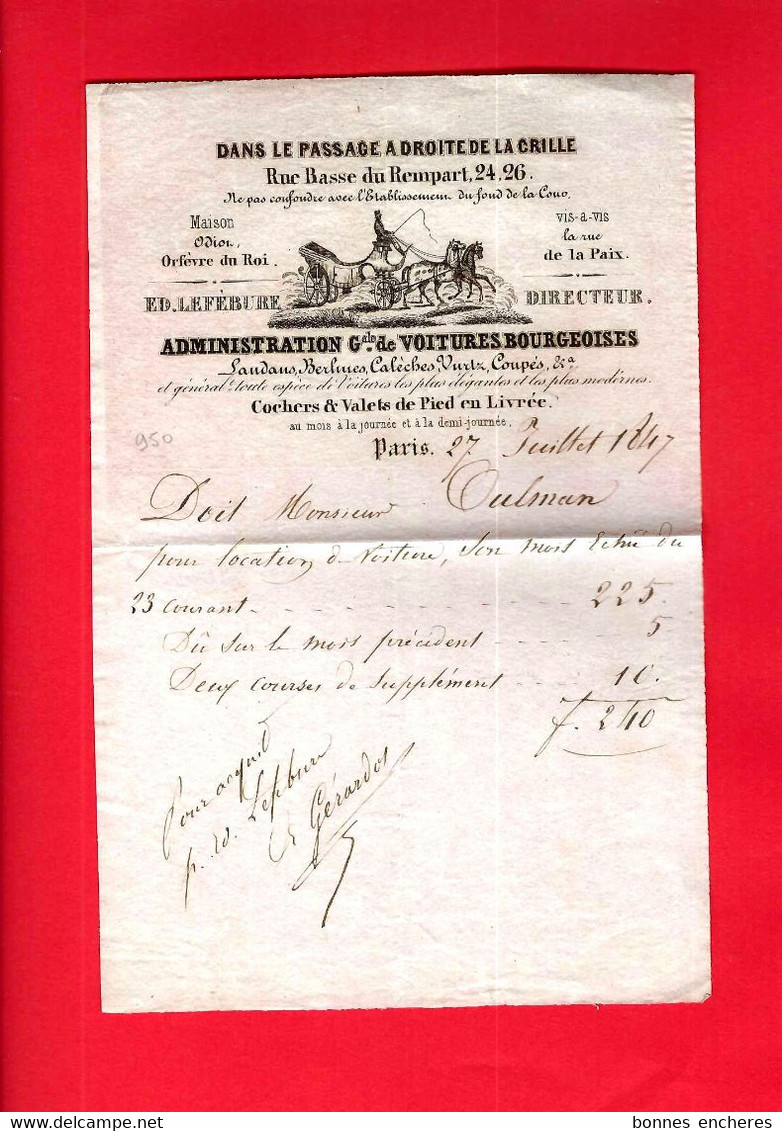 1847 SUPERBE ENTETE PARIS VOITURES BOURGEOISES COCHETS & VALETS DE PIED En Livrée B.E.V.SCANS - España