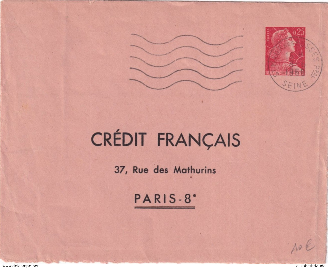 1960 - TYPE MULLER 0.25 - ENVELOPPE ENTIER PRIVEE TSC Du CREDIT FRANCAIS à PARIS - Sobres Tipos Y TSC (antes De 1995)