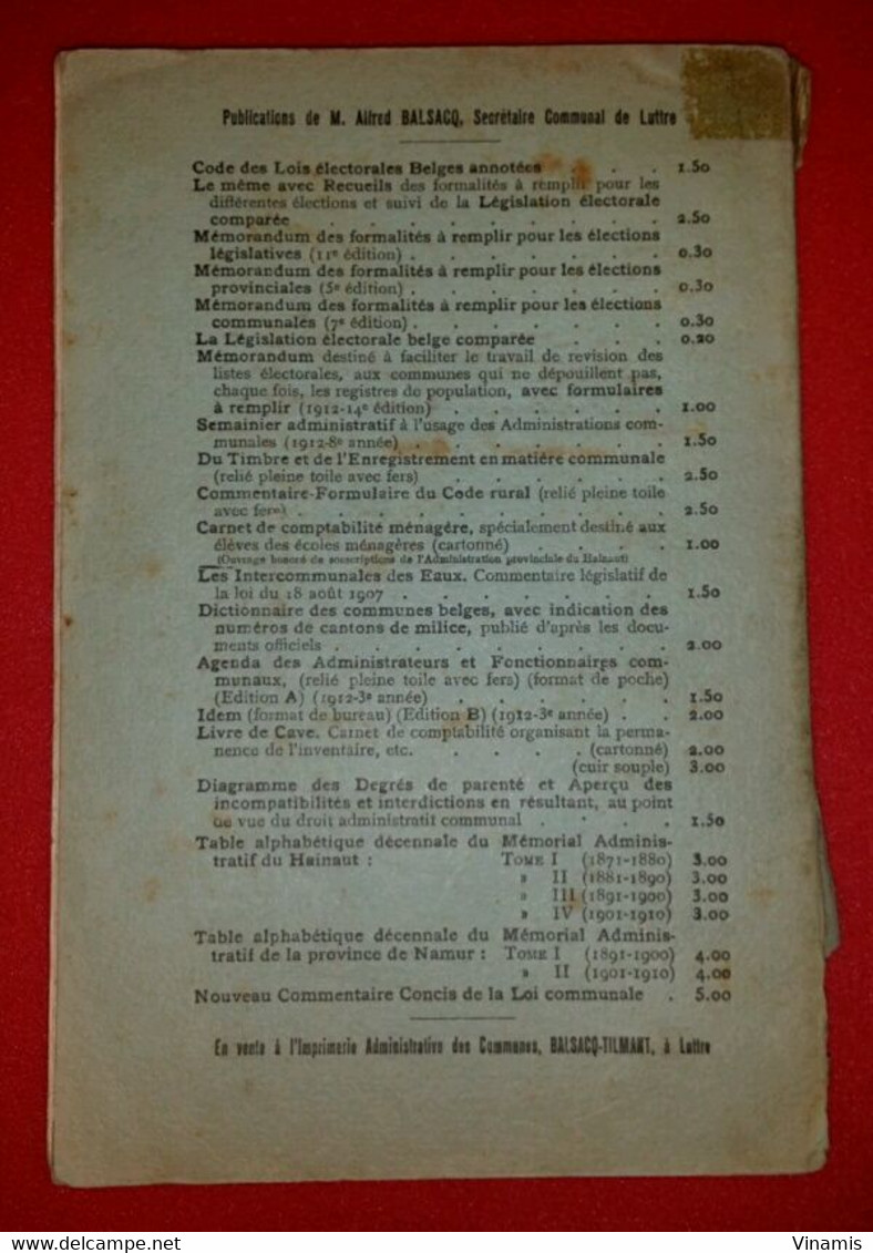 1912 - Nouveau Commentaire Concis De La LOI COMMUNALE Par Alfred BALSACQ - Janvier 1912 - 288 Pg - Décrets & Lois