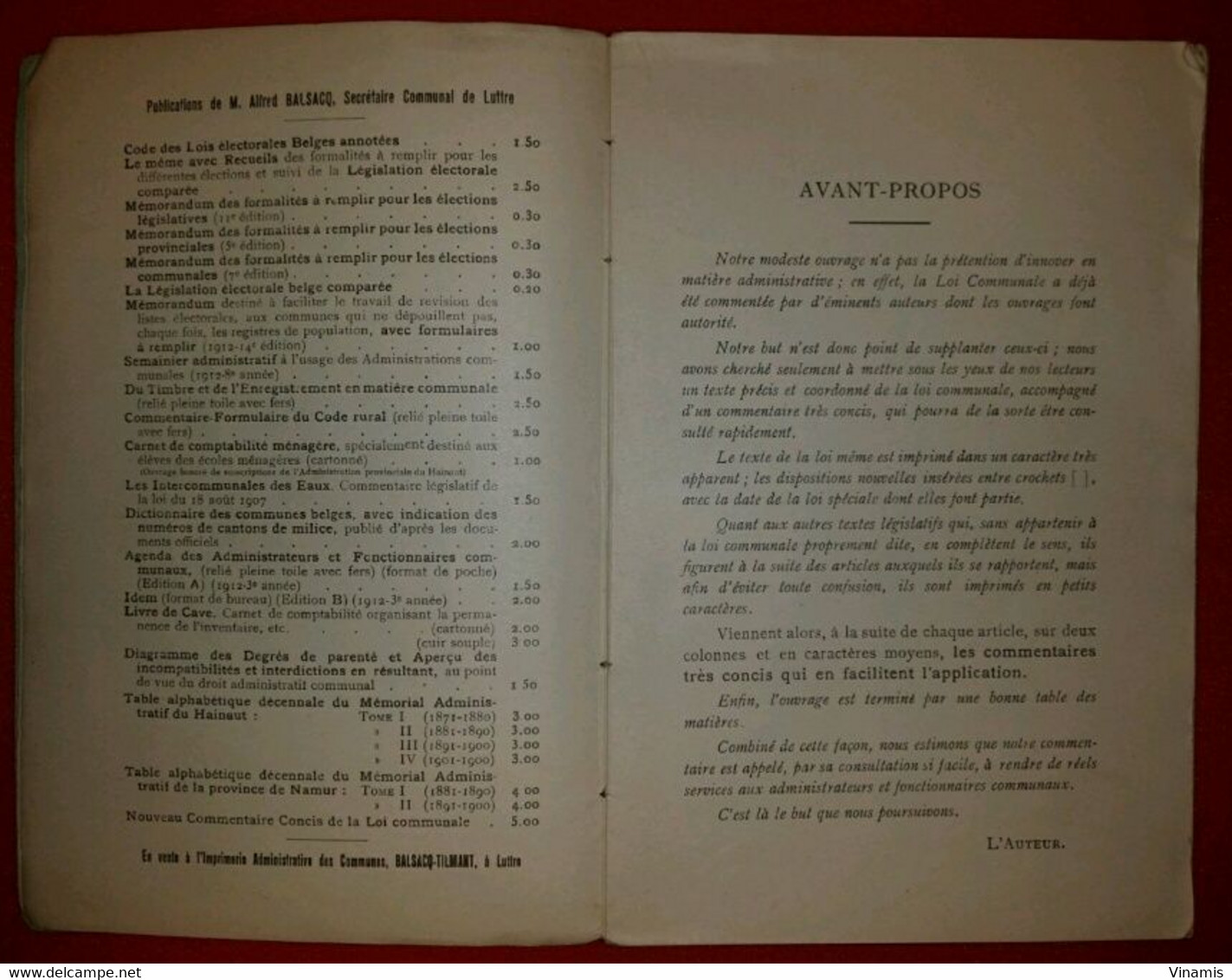 1912 - Nouveau commentaire concis de la LOI COMMUNALE par Alfred BALSACQ - Janvier 1912 - 288 pg
