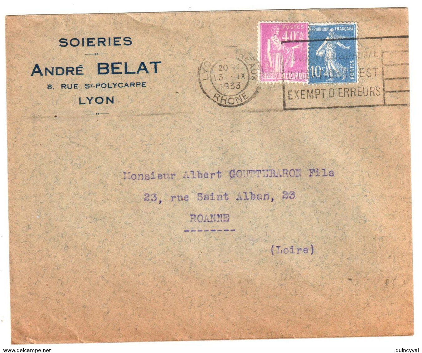LYON Lettre Entête SOIERIE André BELAT 10c Semeuse Bleu 40c Paix Ob Meca 13 9 1933 Yv 281 279 - Cartas & Documentos