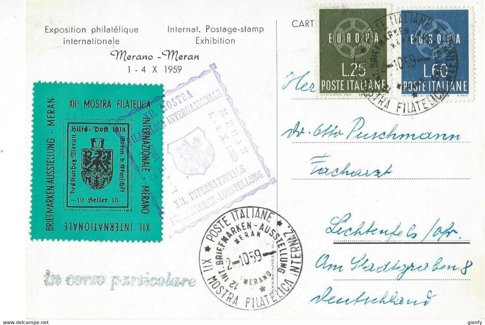 MERANO XIIa MOSTRA FILATELICA INTERNAZIONALE 1959 ERINNOFILO II° TIPO ANNULLO FDC - Collector Fairs & Bourses