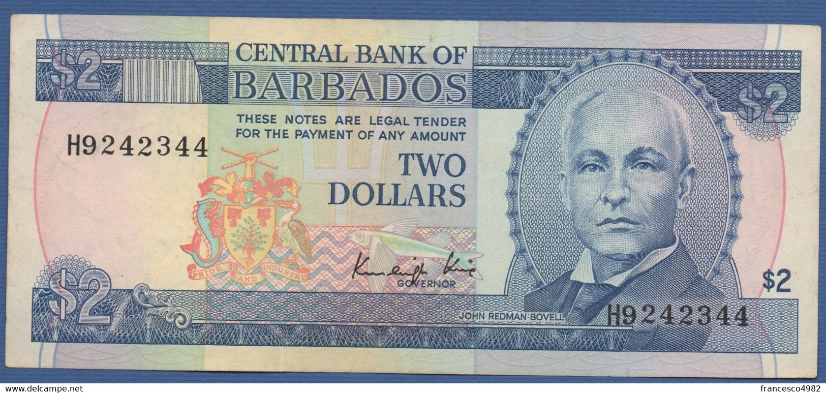 BARBADOS - P.36a –  2 DOLLARS ND (1986) - CIRCULATED - Printer  De La Rue, London - Serie H9242344 - Barbados (Barbuda)