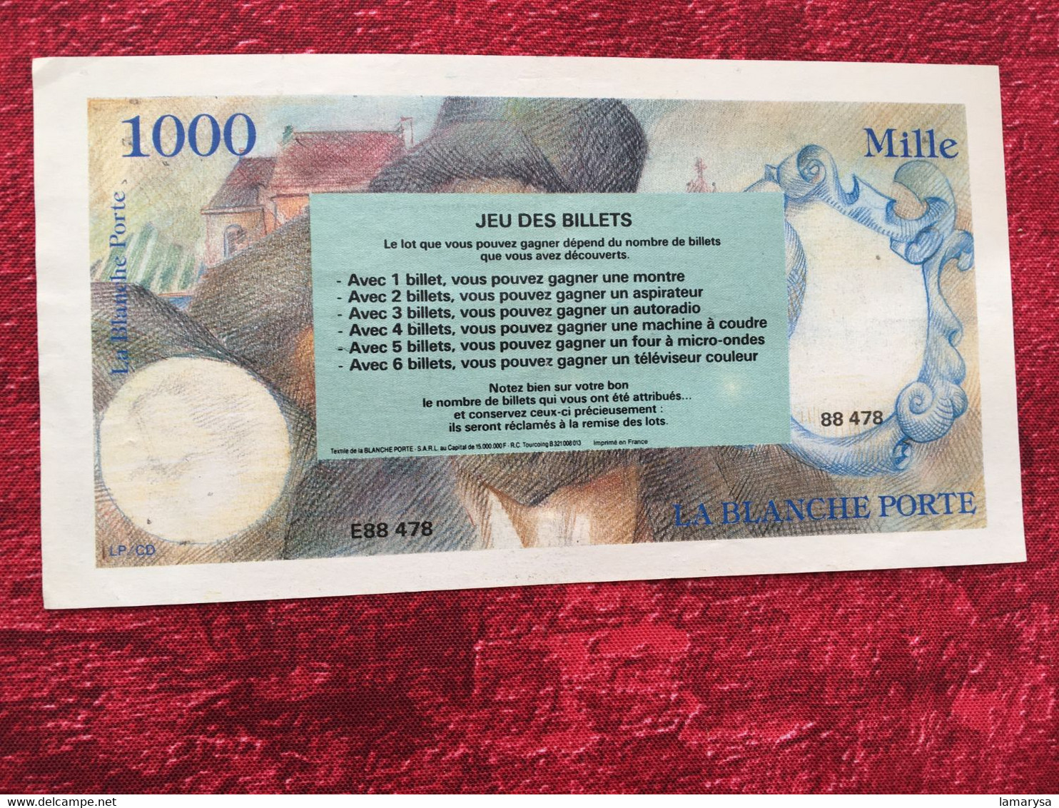 Publicité"LA BLANCHE PORTE "Billet 1000 Francs Fictif Jeu De Billets Gagnants Dépendants De Ceux Decouverts-6 Une Télé - Specimen