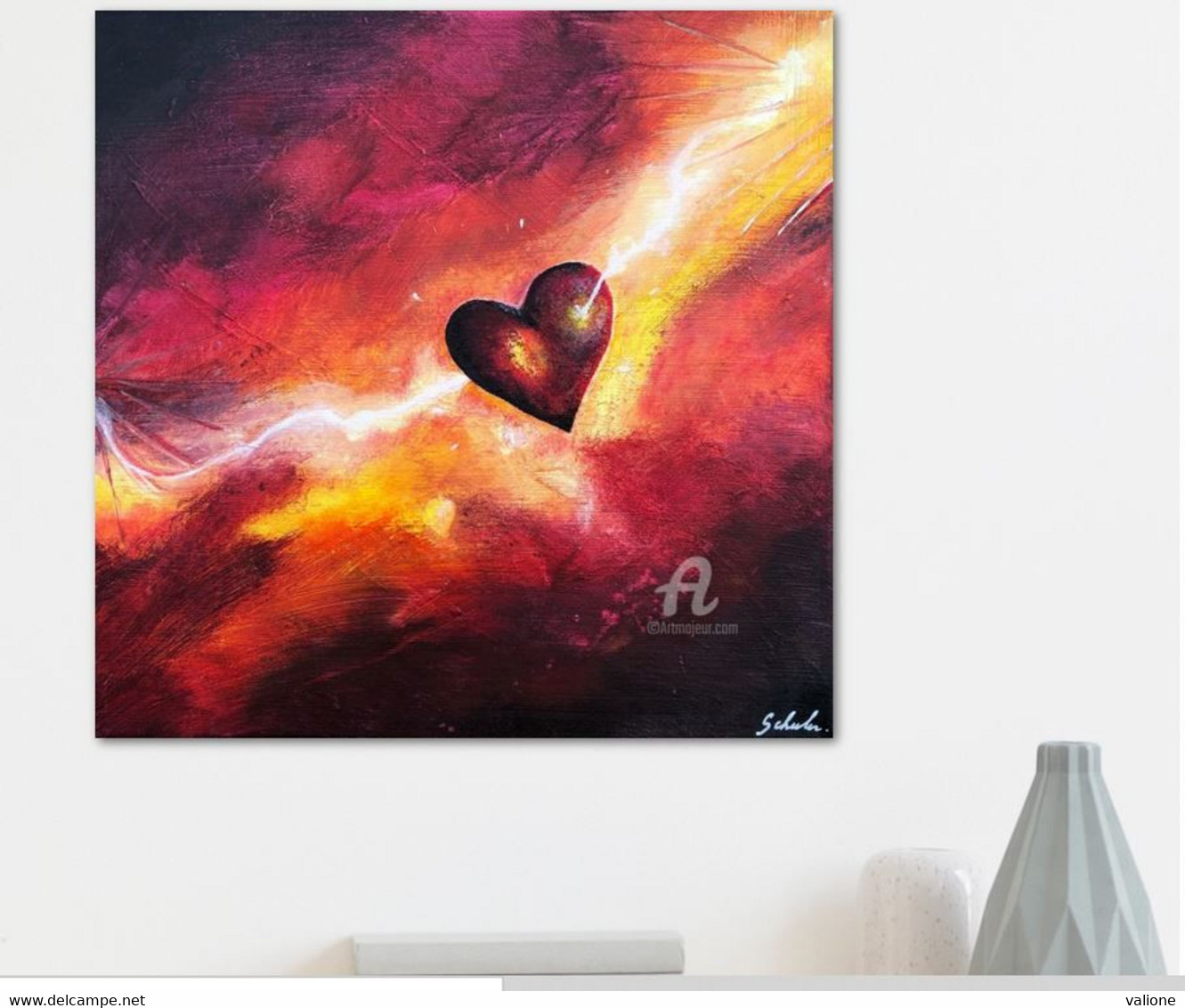 Toile Peinture Acrylique Originale "Le Coup De Foudre De Cupidon". Signée. Originale Thème Coeur, Amour, Rouge - Acryl