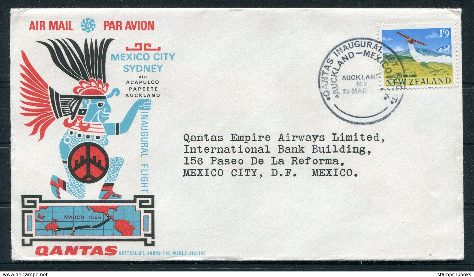 1966 New Zealand Auckland - Mexico Qantas First Flight Cover - Airmail