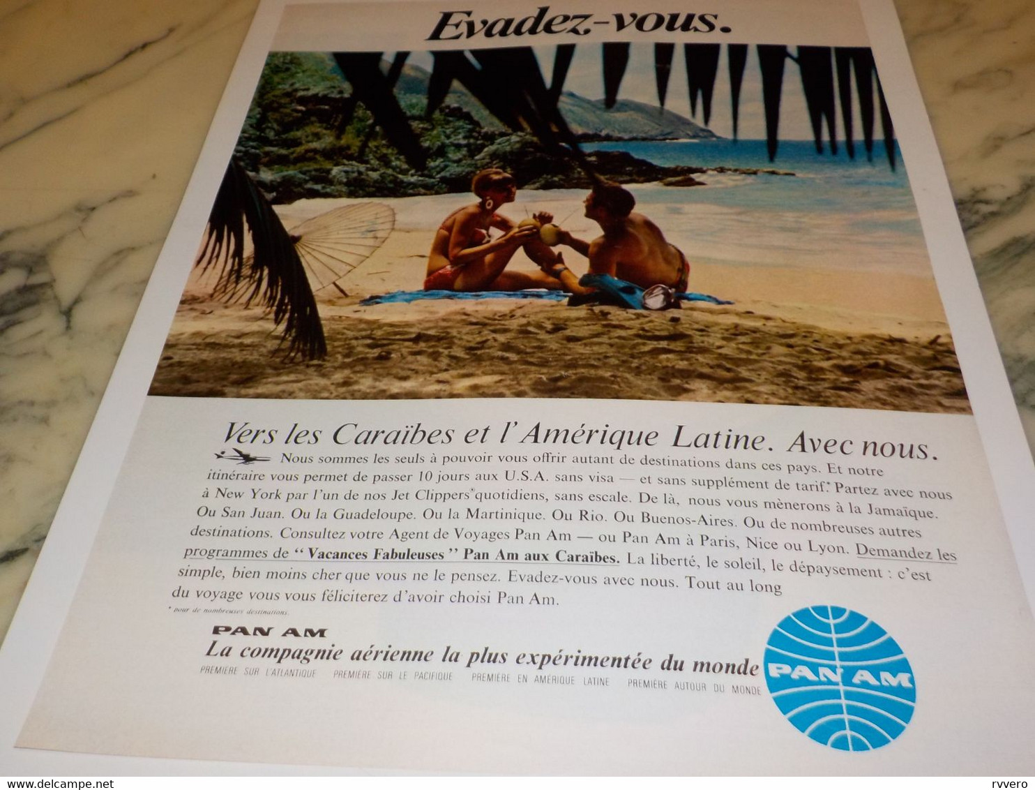 ANCIENNE PUBLICITE EVADEZ VOUS LES CARAIBES PAN AM COMPAGNIE AERIENNE 1970 - Pubblicità