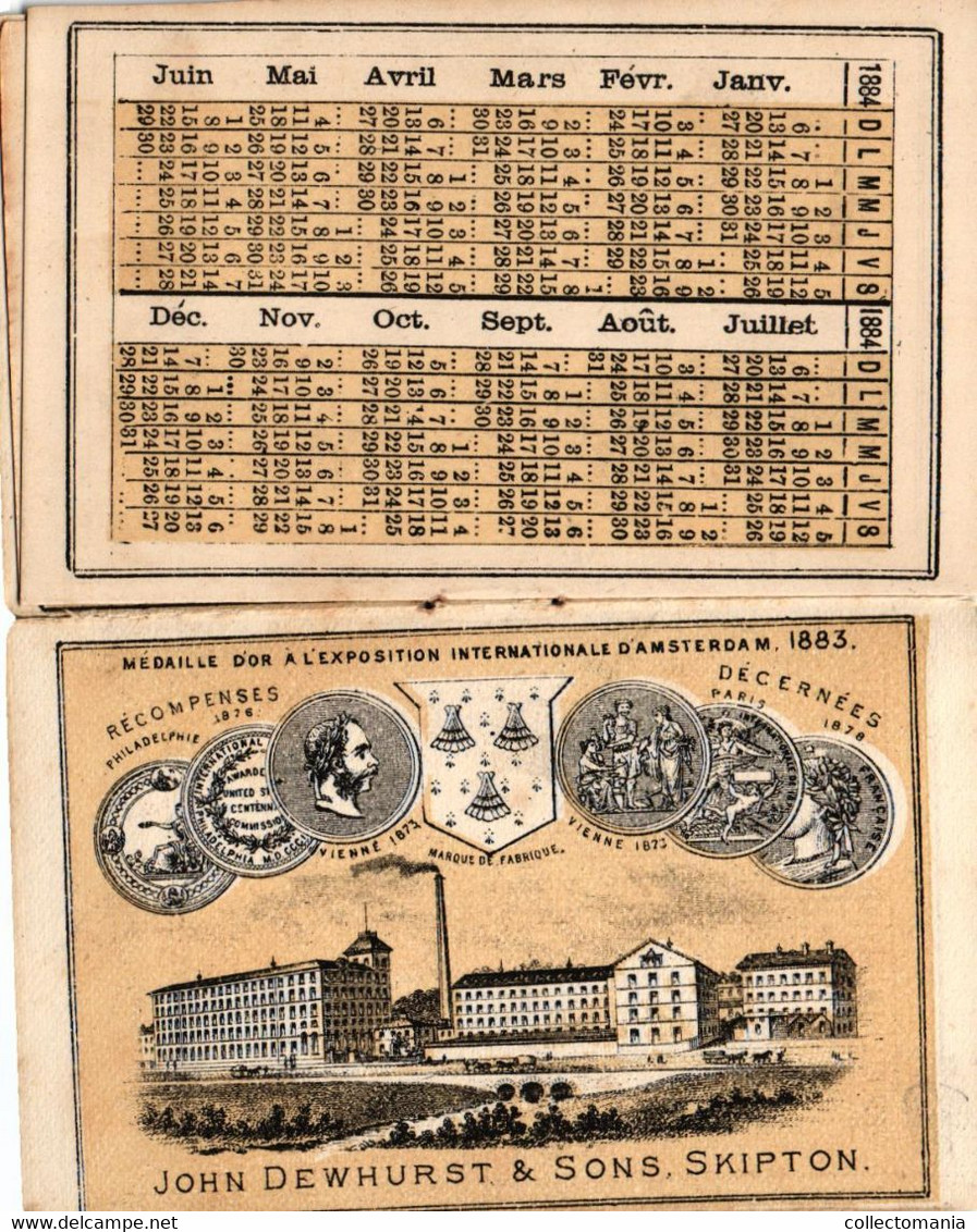 1 Calendrier 1884 John  Dewhurst & Sons Skipton - Van Uxem Bruxelles, Fil Supérieur - Tarif De La Poste 1884 Bonne état - Kleinformat : ...-1900