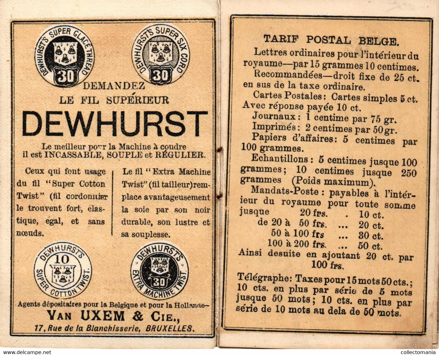 1 Calendrier 1884 John  Dewhurst & Sons Skipton - Van Uxem Bruxelles, Fil Supérieur - Tarif De La Poste 1884 Bonne état - Small : ...-1900