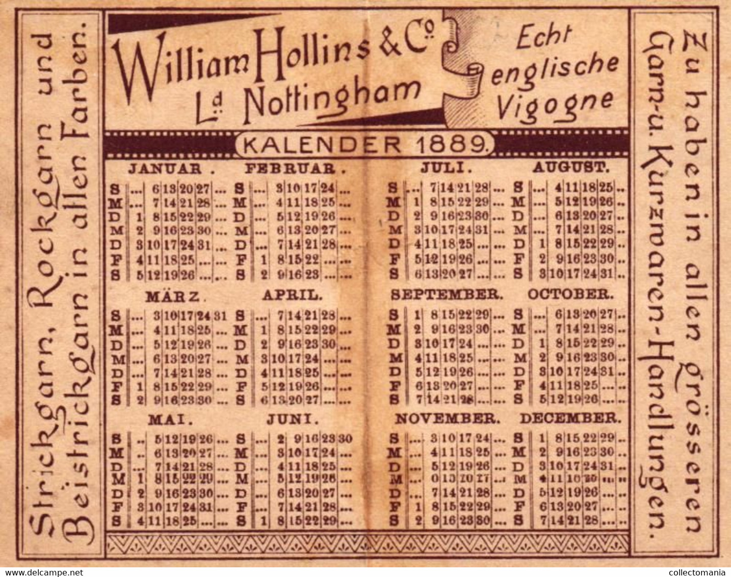 1 Calendrier 1889 William Hollins & C° Echt Englische Vigogne Strickgarn Rockgarn Merino - Kleinformat : ...-1900