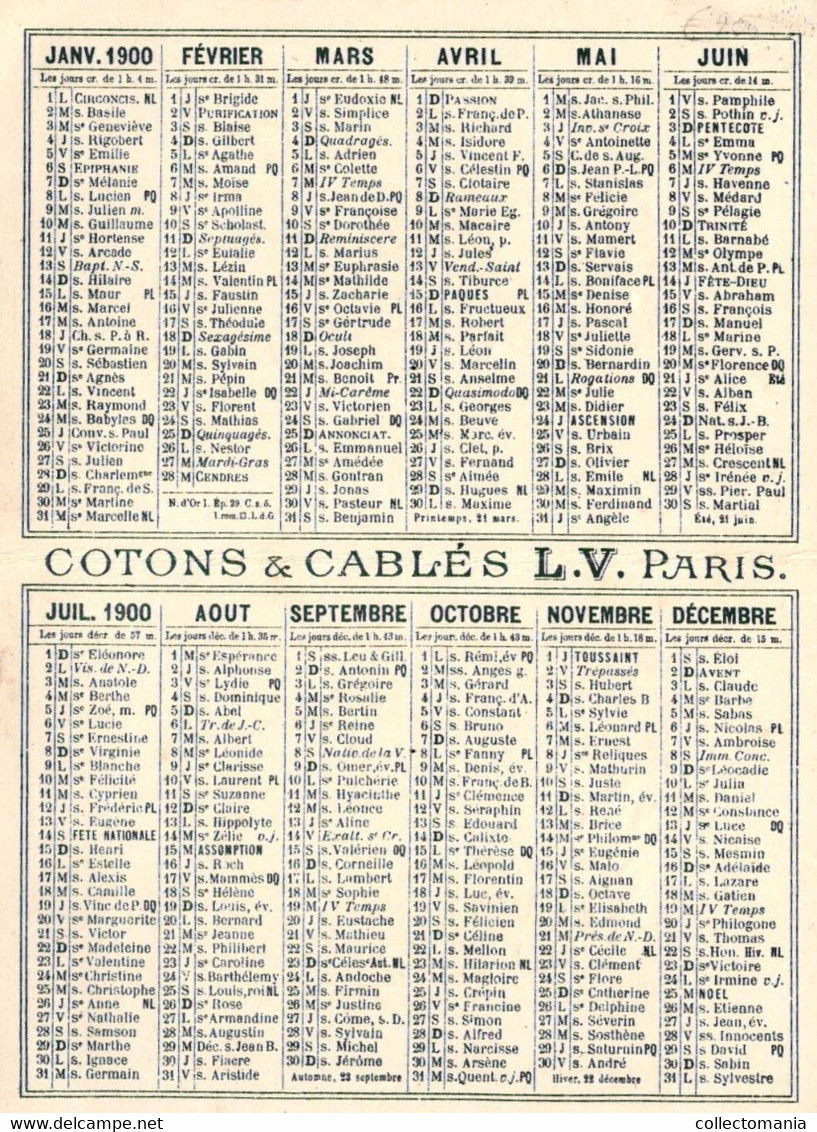 1 Calendrier 1900  Cotons & Cablés L.V. Cotons à Broder  Lith. Farradesche - Petit Format : ...-1900