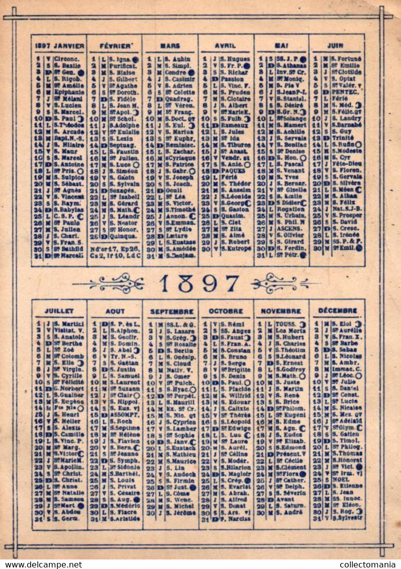 1 Calendrier 1897  Oriflamme En Bidons Plombes De 5 Litres  Lith. Champenois - Tamaño Pequeño : ...-1900