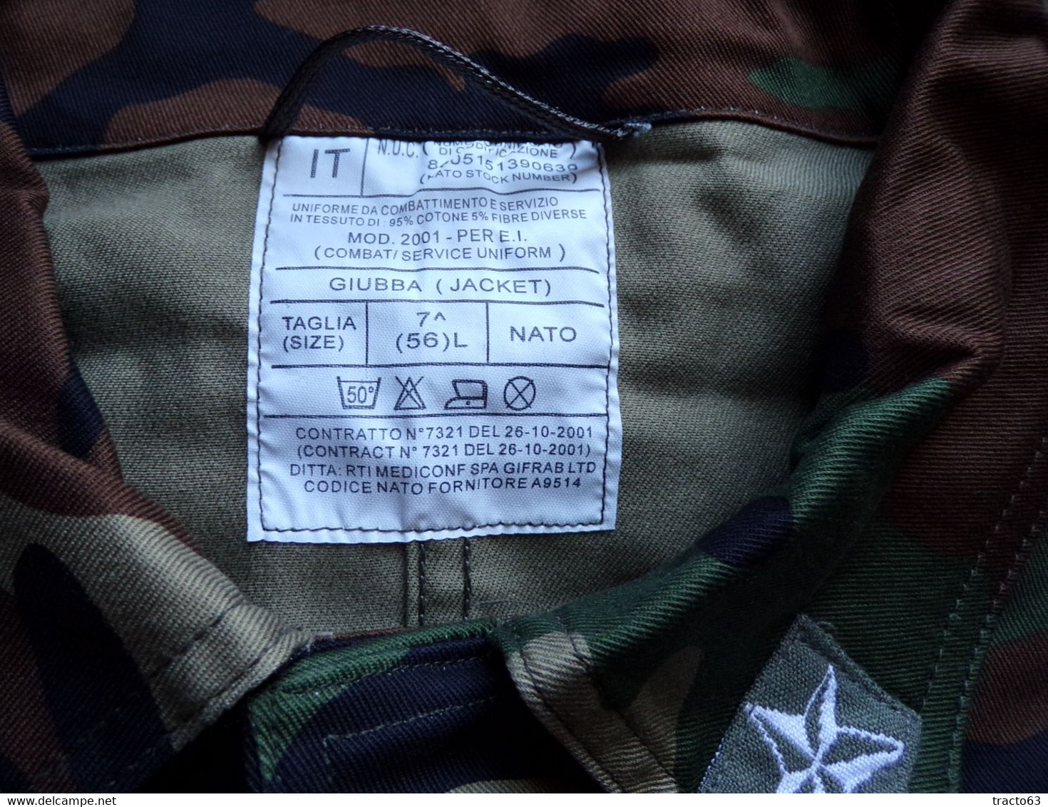 TENUE DE COMBAT CAMOUFLEE DE L'ARMEE ITALIENNE , TAILLE FRANCAISE 50 SOIT 100 CM POUR LE PANTALON ET TAILLE XXL POUR LA - Equipement