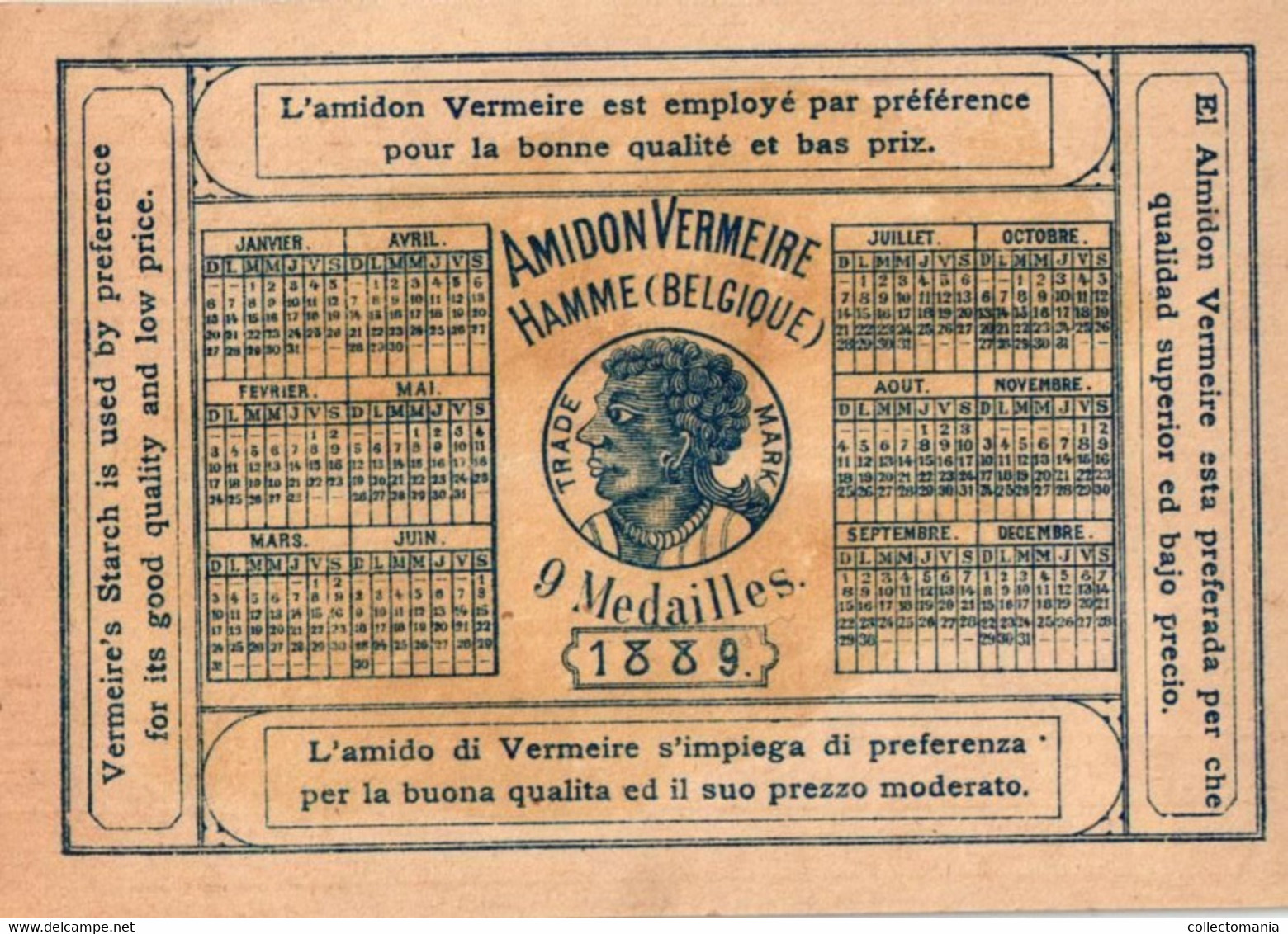 1 Calendrier 1889  Amidon Vermeire Hamme Vermeire's Starch Stijfsel Kalender Calendar - Tamaño Pequeño : ...-1900