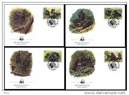 Rwanda 1985 FDC Set X4 WWF W.W.F. Mountain Gorilla Monkey Fauna - FDC