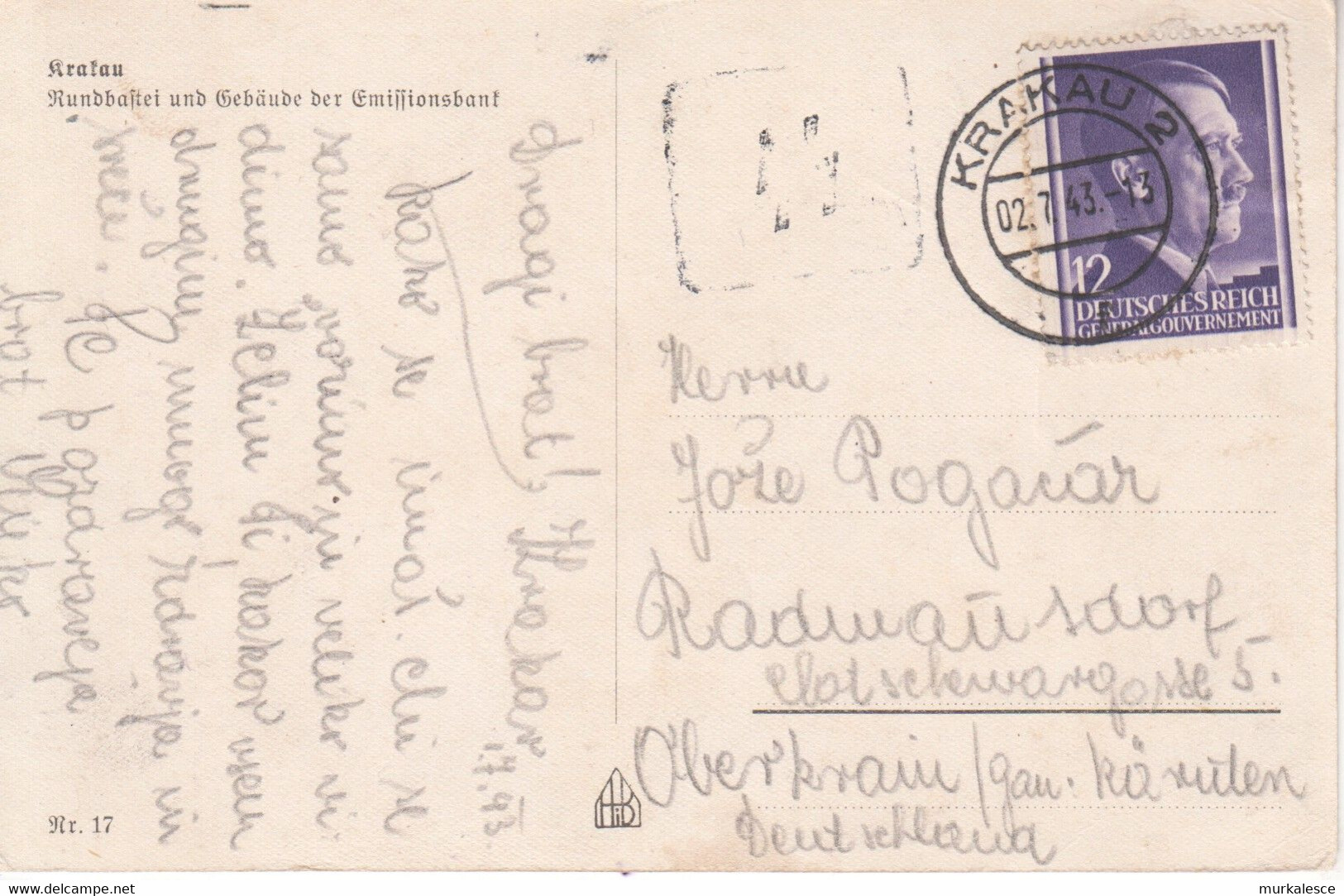 6514--AK  KRAKOV  1943- Nach  RADMANSDORF  RADOVLJICA - Polonia