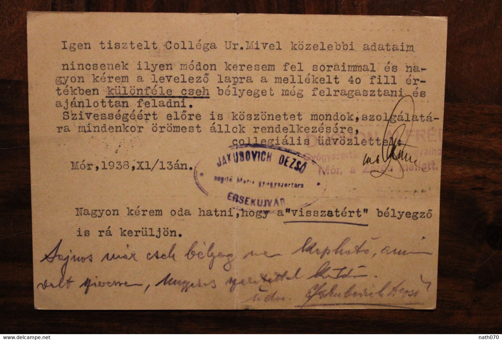 Hongrie 1938 Mór Cover Air Mail Tschechoslowakei Registered Magyarország Hungary Ungarn - Briefe U. Dokumente