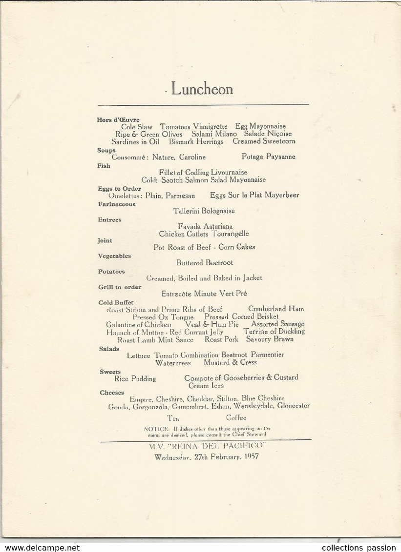 Menu  , 255 X 190 Mm, Luncheon, Chef's Suggestion, 1957, M.V. REINA DEL PACIFICO , Illustrateur, Signée, Frais Fr 1.85 E - Menus