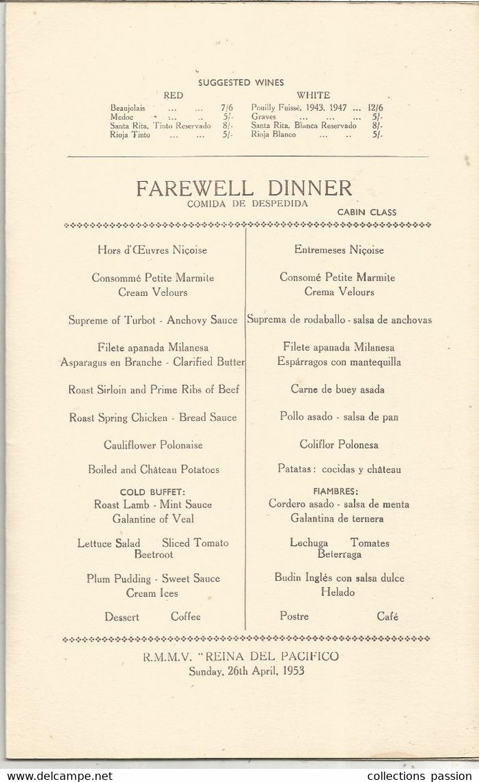 Menu  , 240 X 155 Mm, Luncheon, Cabin Class, Farewell Dinner, 1953, M.V. REINA DEL PACIFICO, Frais Fr 1.85 E - Menus