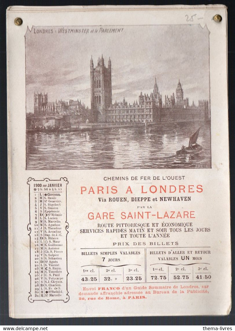 Chemins De Fer De L'Ouest  PARIS A LONDRES. Calendrier 1900  (voir La Description) (PPP28197) - Tamaño Pequeño : ...-1900